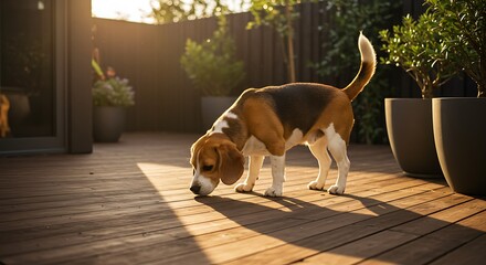Beagle Dog Exploring Outdoor Patio in Golden Sunlight