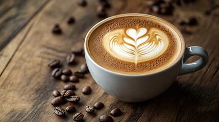 A light grey mug of latte art sits on a rustic wooden surface, adorned with scattered coffee beans; the latte features a delicate, creamy, floral design