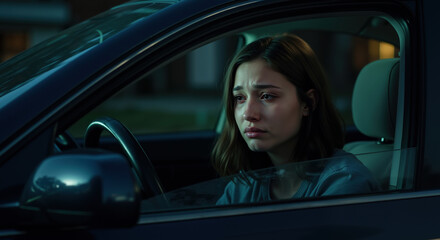 Worried woman driving car at night looking concerned and anxious. Road safety and defensive driving awareness. Auto insurance and emergency services campaign