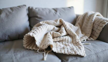 Cozy knitted blanket draped over modern grey sofa in living room  
