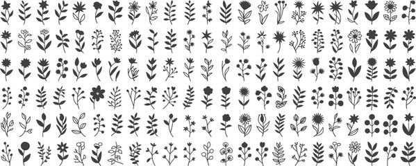  Extensive Set of Hand-Drawn Floral Doodles and Botanical Elements Vector: Minimalist Flowers, Leaves, and Branches for Design