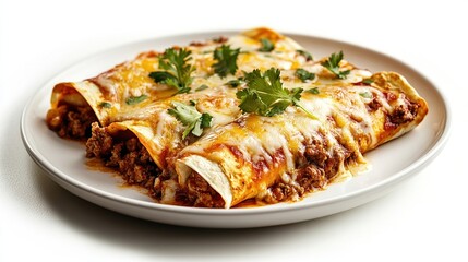 Four cheese-topped enchiladas, filled with seasoned ground beef and a rich red sauce, artfully arranged on a round white plate, garnished with fresh cilantro