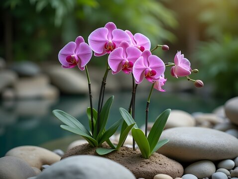 Orchids bloom in a calm garden. Pink orchids stand beautifully among pebbles and rocks in a serene garden, showcasing nature's elegance and peace.