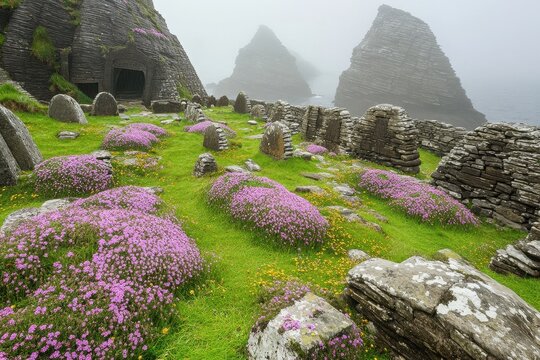 Ancient burial ground on Skellig Michael featuring gravestones and lush greenery, Ancient burial ground Cemetery Skellig Michael graveyard Ireland