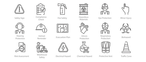 Set of line icons illustrating workplace safety and health. Clear symbols related to job protection and industrial security. Suitable for educational and corporate materials. Vector