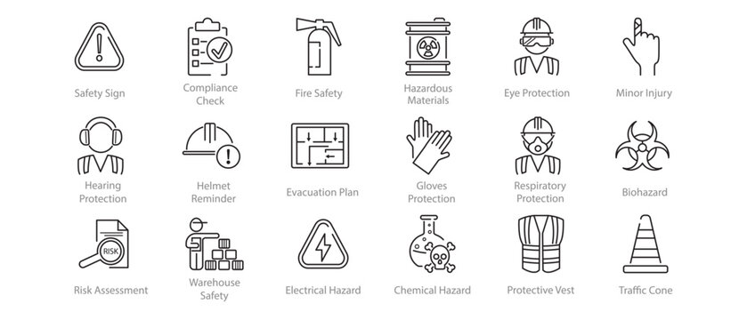 Set of line icons illustrating workplace safety and health. Clear symbols related to job protection and industrial security. Suitable for educational and corporate materials. Vector