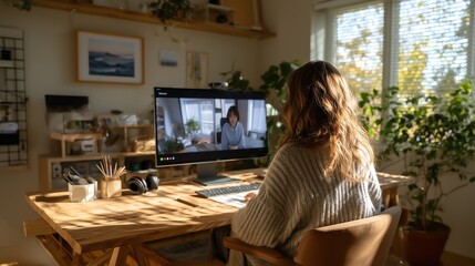 Minimalist modern home office with young professional woman on video call, natural lighting, clean background for text