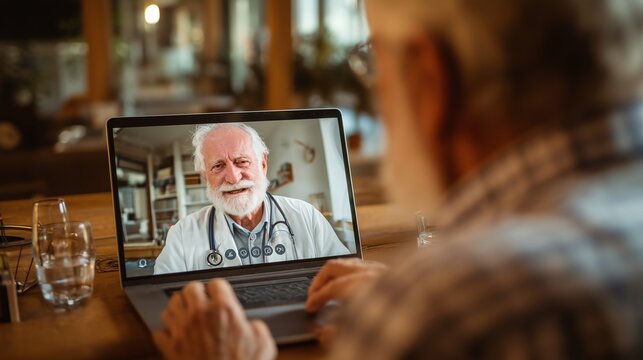 Doctor consulting senior patient via laptop, over-shoulder view with space for text, telemedicine concept
