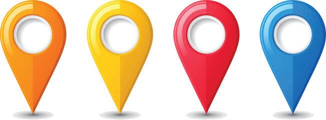 A vibrant set of 3D-rendered colorful map pin icons, perfect for illustrating location and navigation