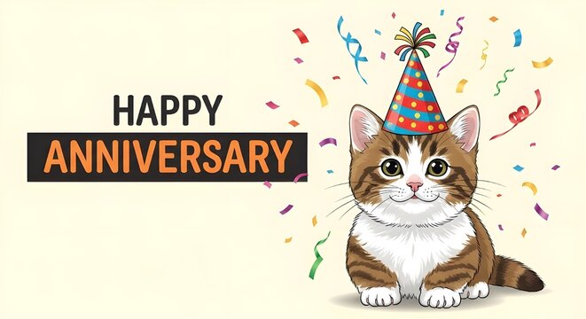 Happy Anniversary with Cute Kitten Wearing Party Hat | Celebration Text with Cartoon Cat Image for Greeting Cards and Anniversary Social Media Posts