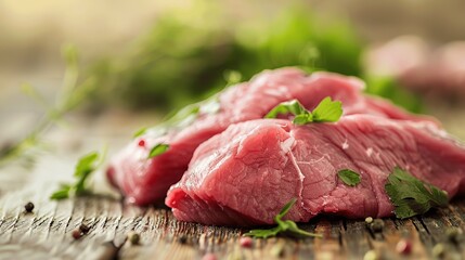 Fresh Raw Meat Cuts on Wooden Surface Garnished with Herbs