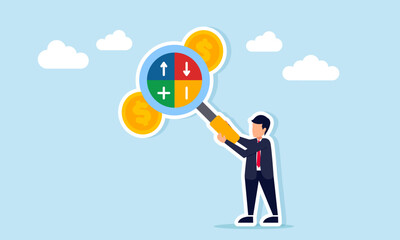 businessman observing dollar coins with magnifying glass showing plus minus up arrow and down arrow illustration of risk analysis in business financial management
