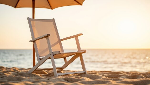 Beach chair under an umbrella on sand during sunset