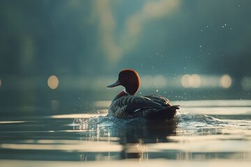 Redcrested pochard swims gracefully across a tranquil water surface during golden hour, The red-crested pochard Netta rufina Birds swim and dive on the lake Slow motion