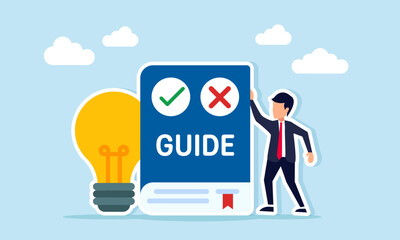 businessman beside guidebook and lamp illustration of guidance for applying business ideas