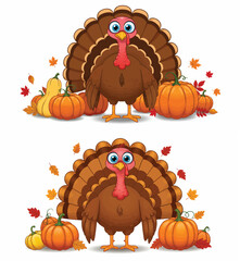  Set of Two Cartoon Thanksgiving Turkeys with Pumpkins and Autumn Leaves
