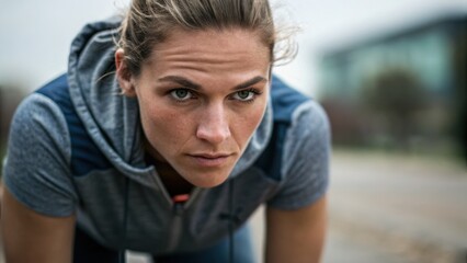 Beginner loss weight concept. Focused female athlete preparing for a race, showcasing determination and strength.