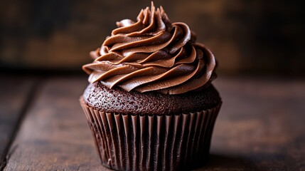 A single, rich dark chocolate cupcake with a generous swirl of chocolate frosting sits on a dark wooden surface.  The lighting emphasizes the decadent texture and deep brown hues