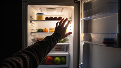 Beginner loss weight concept. A hand reaching into a brightly lit refrigerator filled with various foods and beverages.