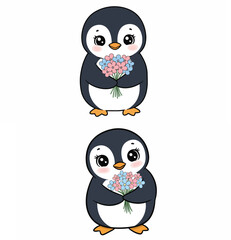 Set of Two Cute Cartoon Penguins Holding Flower Bouquets