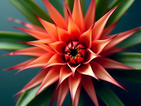 Bromeliad on a vibrant background, top view photorealistic flower