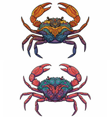 Set of Two Ornate and Colorful Crab Illustrations