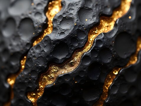 Abstract forged carbon texture with irregular gold accents showcasing a unique material design
