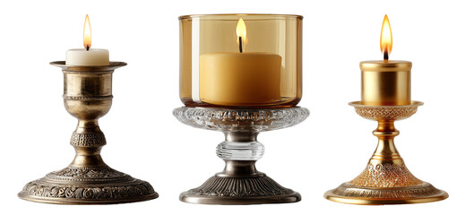 three lit candles in holders isolated, transparent background