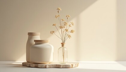 Minimalist still life with ceramic jars and dried flowers in a vase.