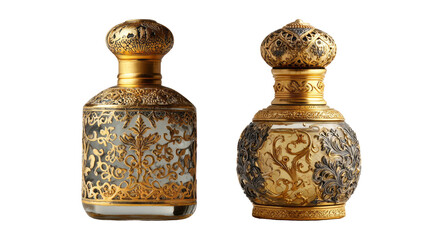 two antique gold glass perfume bottles with detailed designs isolated, transparent background