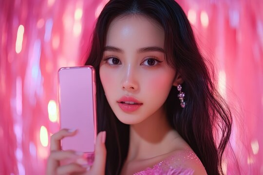 Asian female beauty social media influencer livestreaming cosmetics and makeup tutorials via smartphone., Generative AI