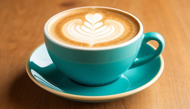 A turquoise coffee cup with latte art sits on a wooden table. The latte features a heart design made from steamed milk.