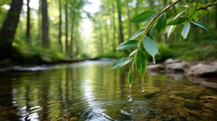Naklejka premium Tranquil Stream with Droplets on Green Leaves in Lush Forest