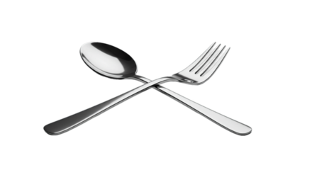 A shiny metal spoon and fork crossed on a black background creating a simple elegant composition view