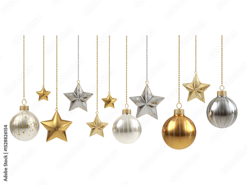 Wall mural ornaments of gold and silver balls and stars hanging on strings isolated on a white or transparent b