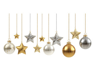Ornaments of gold and silver balls and stars hanging on strings isolated on a white or transparent background