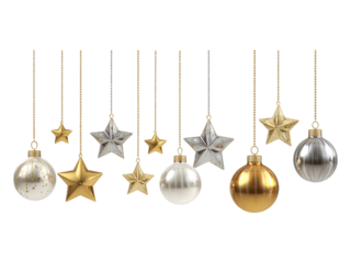 Ornaments of gold and silver balls and stars hanging on strings isolated on a white or transparent background