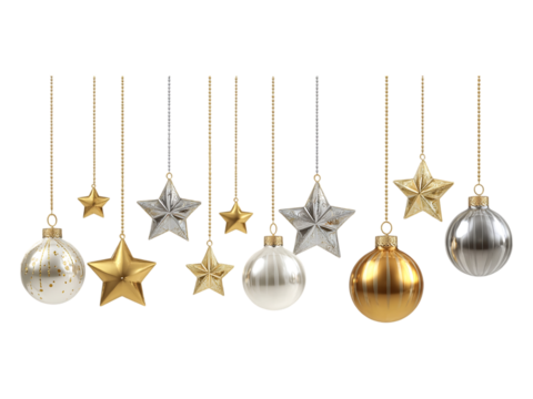 Ornaments of gold and silver balls and stars hanging on strings isolated on a white or transparent background