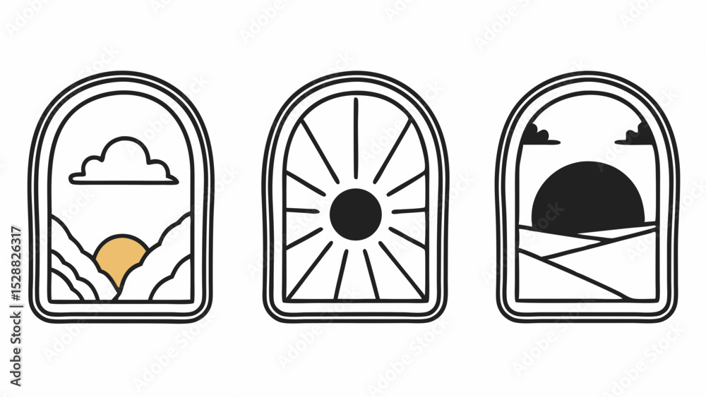 Poster three arched window frames displaying sun, cloud, and landscape in a minimalist style design created