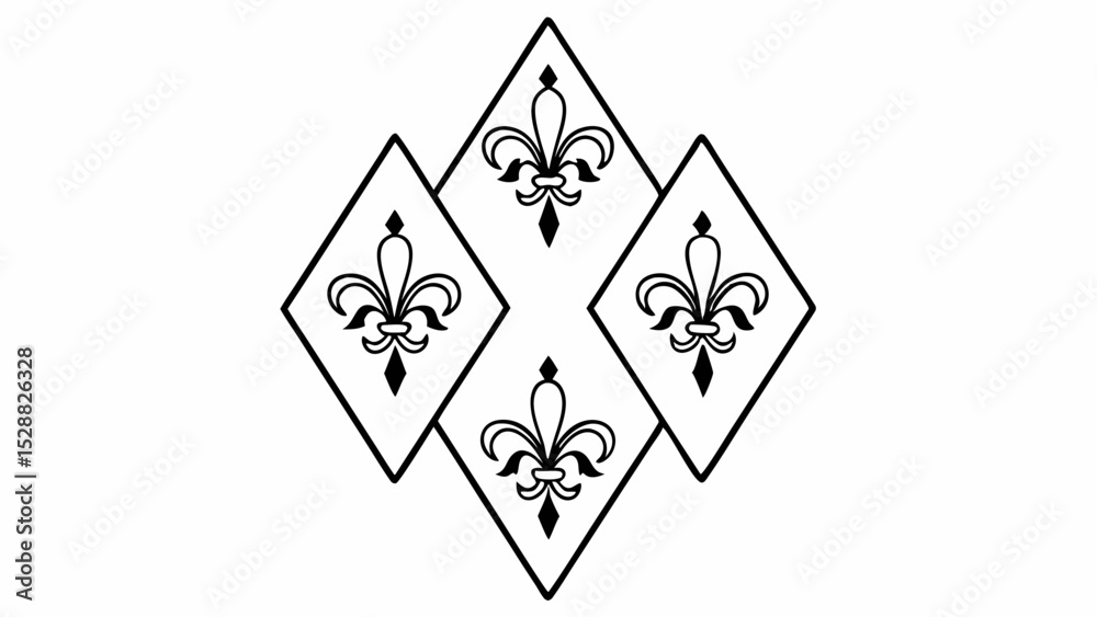 Poster four diamond shapes arranged in a pattern each containing a fleur de lis design in black outline onl