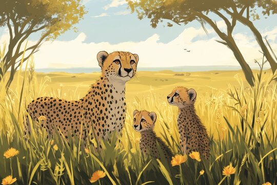 Mother cheetah with her playful cubs in the golden savannah during a sunny day, A mother and her cheetah cubs are in the savannah