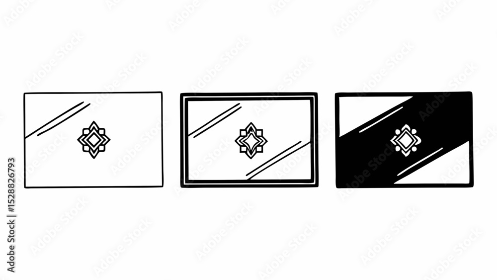 Poster three rectangular panels with a central geometric design and diagonal lines in varying styles create