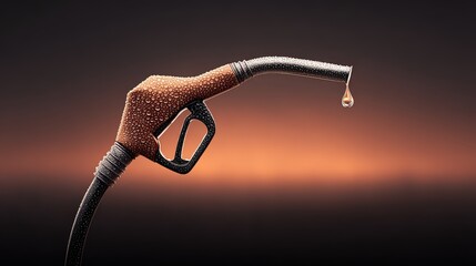 Gas pump nozzle with a dewdrop on its metallic surface, early morning.