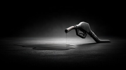 Gasoline nozzle on the ground next to spilled fuel under harsh lighting