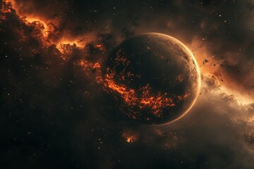 Luminous orb pulsating gently in a grainy cosmic space filled with shimmering stars and dust