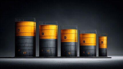 Industrial diesel fuel tanks lined up outdoors with safety markings and rugged textures, ideal for energy infrastructure themes
