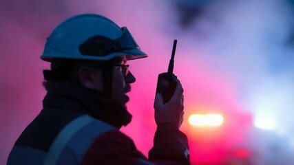 Worker in hard hat uses two way radio for communication in smoky emergency, illuminated by colorful lights, emphasizing focus and safety in industry.