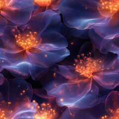 A stunning digital art illustration of ethereal flowers with intense glowing orange-pink centers and translucent blue-purple petals, forming a seamless and vibrant pattern.