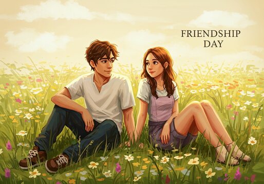 A man and a woman sitting in a green meadow with diverse flowers. Friendship concept. Celebration of friendship day.