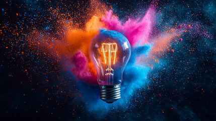 Light bulb shatters in a dynamic explosion of colorful pigments, creating an energetic visual of imagination and inventive energy
